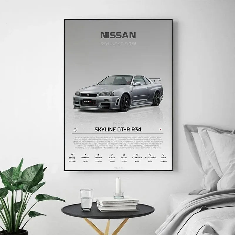 Affiche nordique de supercar GTR R32 R34, voiture de sport japonaise classique, Nissan Skyline, peinture sur toile, art mural, décoration d'intérieur