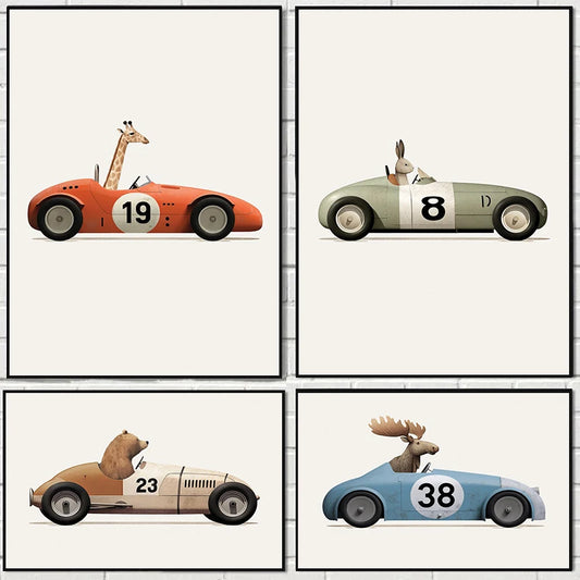 Affiche Animaux Rigolos en Voiture | Déco Murale pour Chambre d’Enfant 🦒🐻🐰