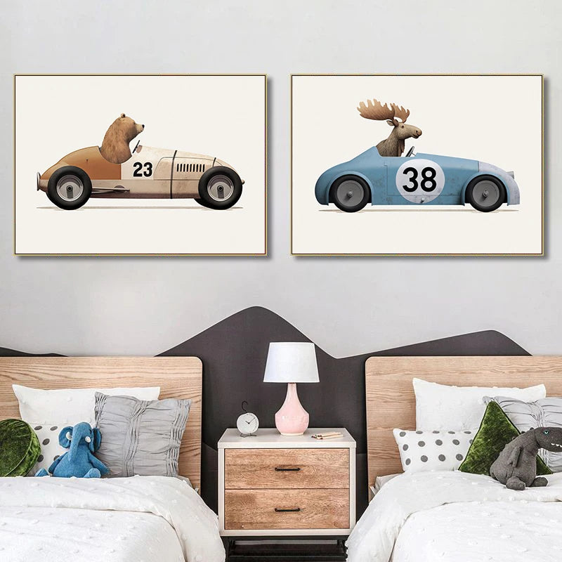 Affiche Animaux Rigolos en Voiture | Déco Murale pour Chambre d’Enfant 🦒🐻🐰