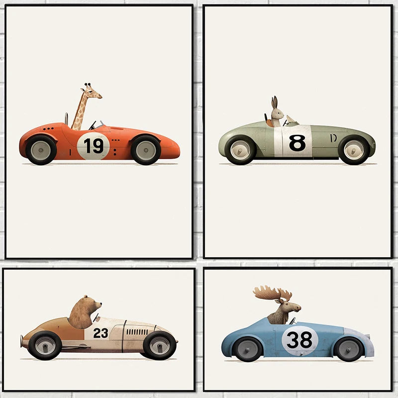 Affiche Animaux Rigolos en Voiture | Déco Murale pour Chambre d’Enfant 🦒🐻🐰