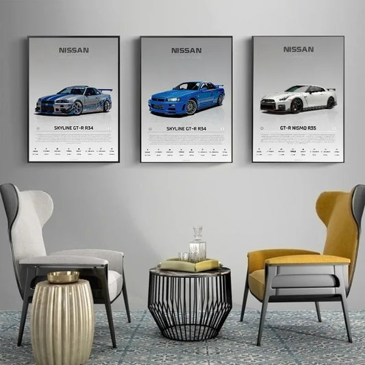 GTR R32 R34 Supercar Nordic Poster Classic Japanese Sports Car Nissan-Skyline Canvas Painting Wall Art Pictures Home Decor